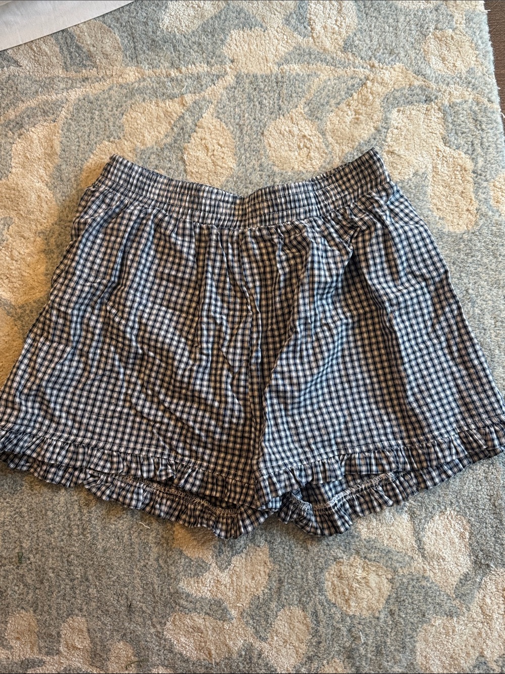 High-Waist Navy Gingham Ruffle Hem Shorts - Picture 2 of 3